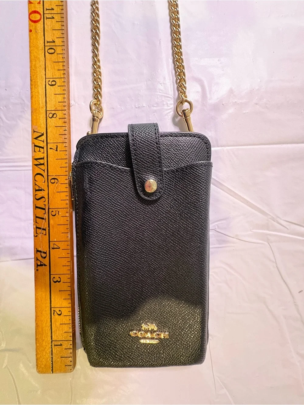 Coach Black Leather Crossbody Phone Pouch with Gold Hardware